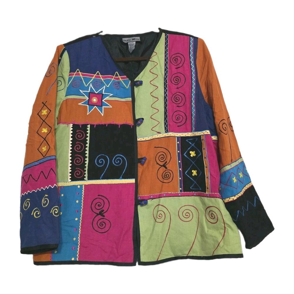 Inidigo Moon Artsy Embroidered Jacket Womens L Colorblock Geometric Retro Flax